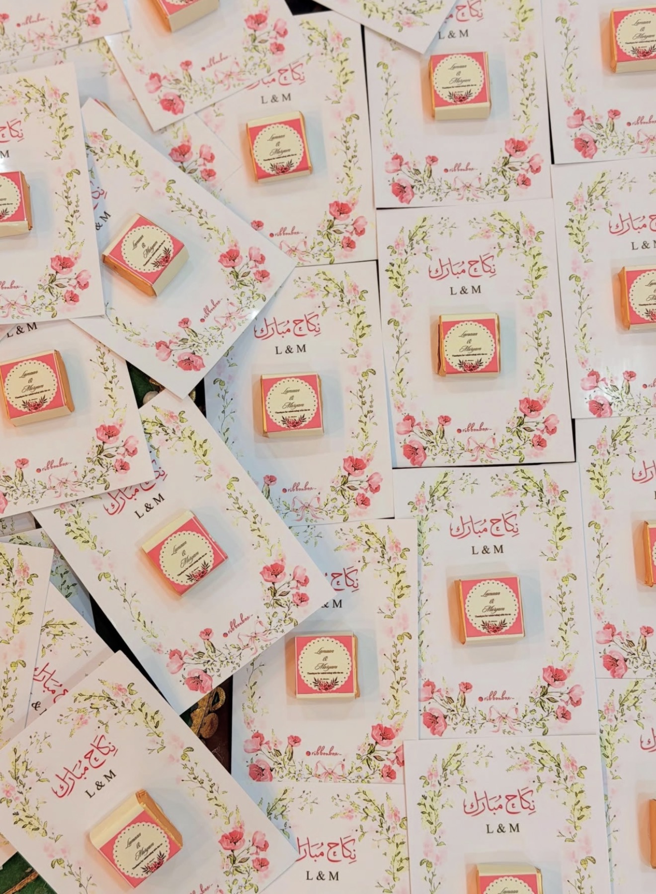 Pink Floral Custom Chocolate Card Favours view 1