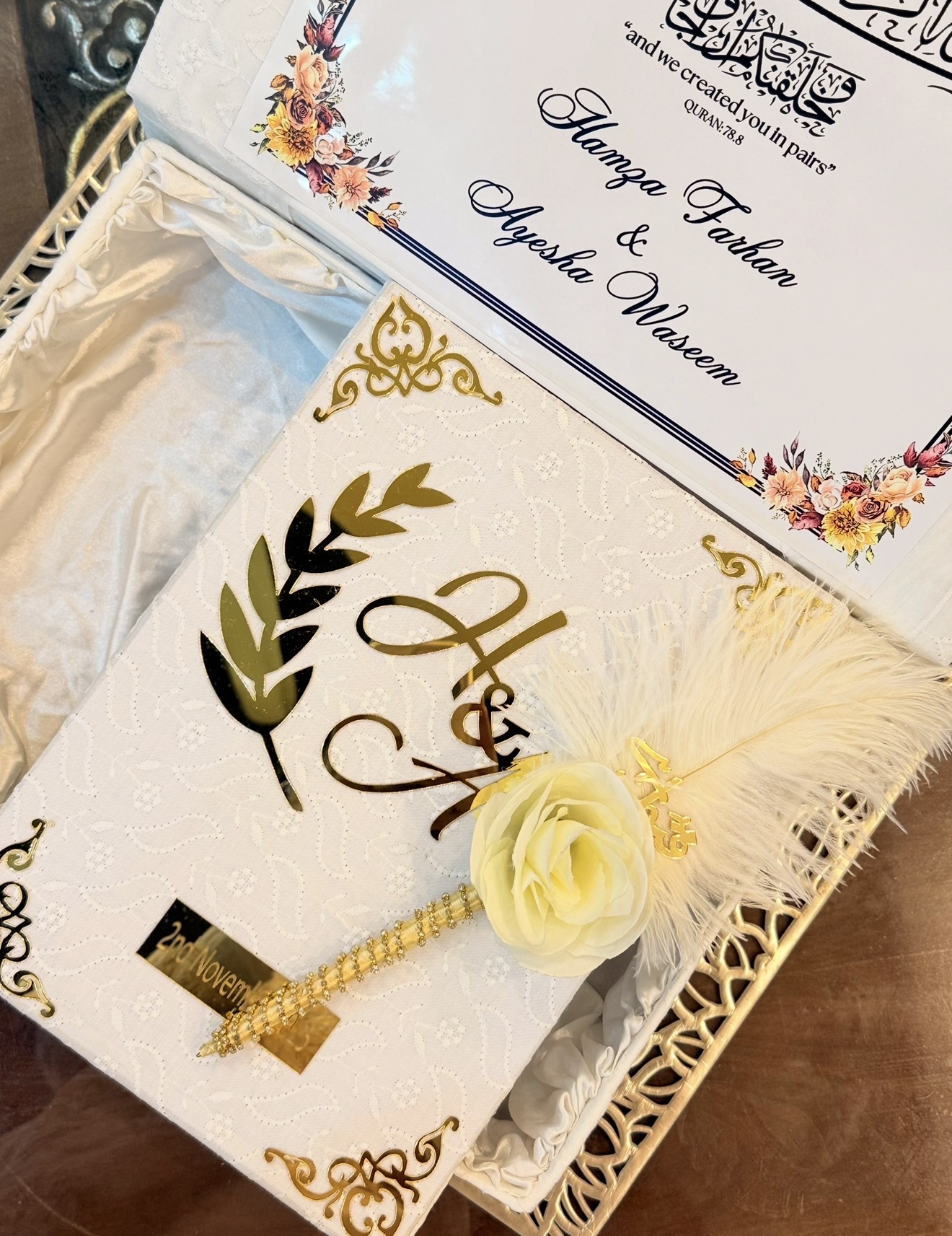 White Nikkah Velvet Booklet with Box & Qabool Hai Floral Pen | Nikkah Keepsake Set view 2