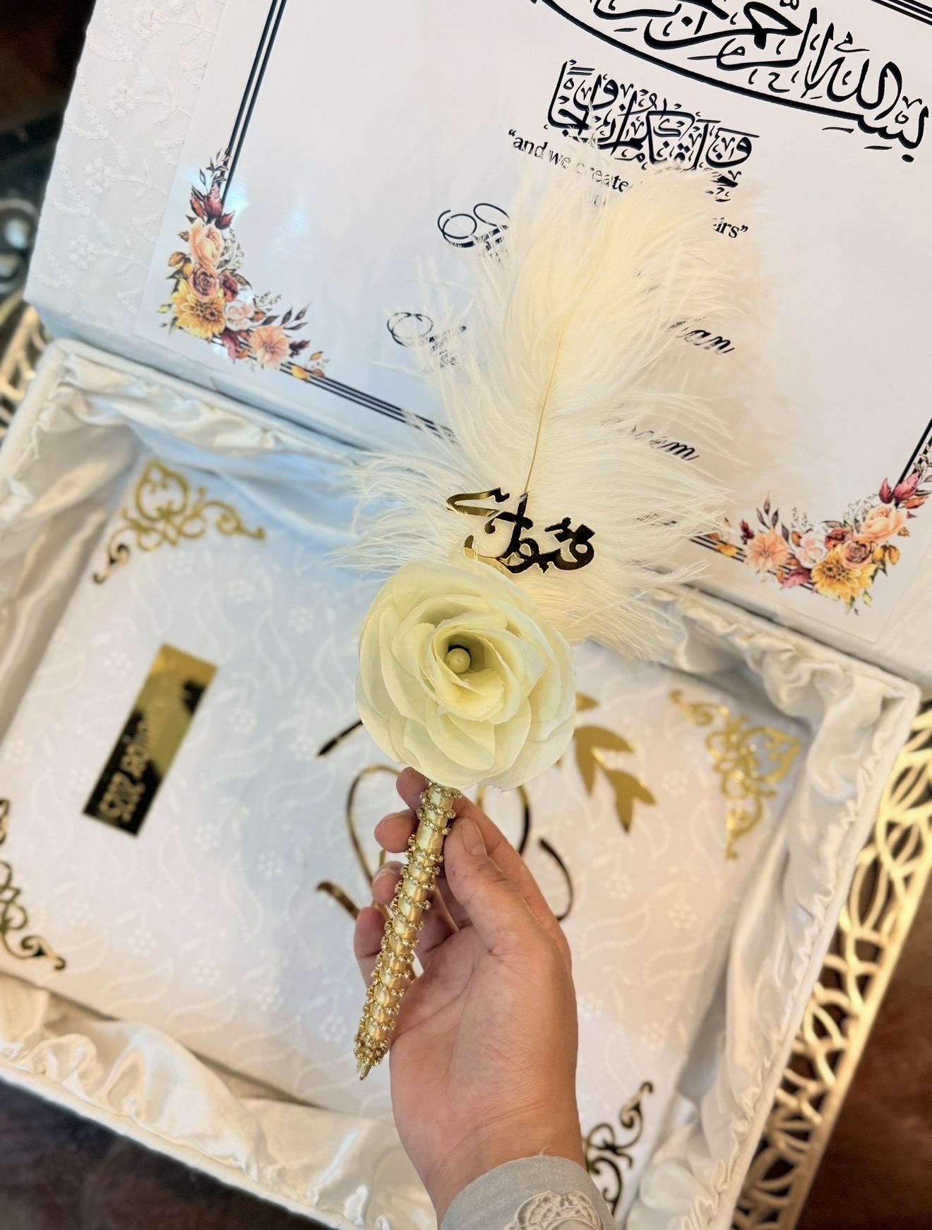 White Nikkah Velvet Booklet with Box & Qabool Hai Floral Pen | Nikkah Keepsake Set view 4