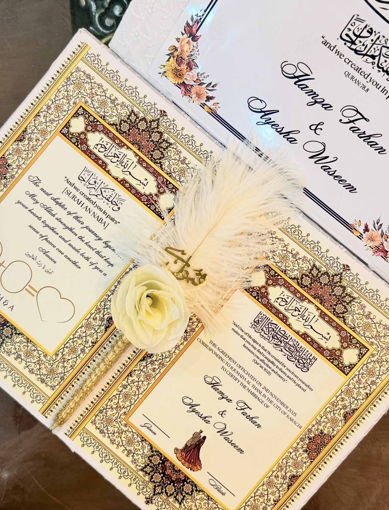 White Nikkah Velvet Booklet with Box & Qabool Hai Floral Pen | Nikkah Keepsake Set