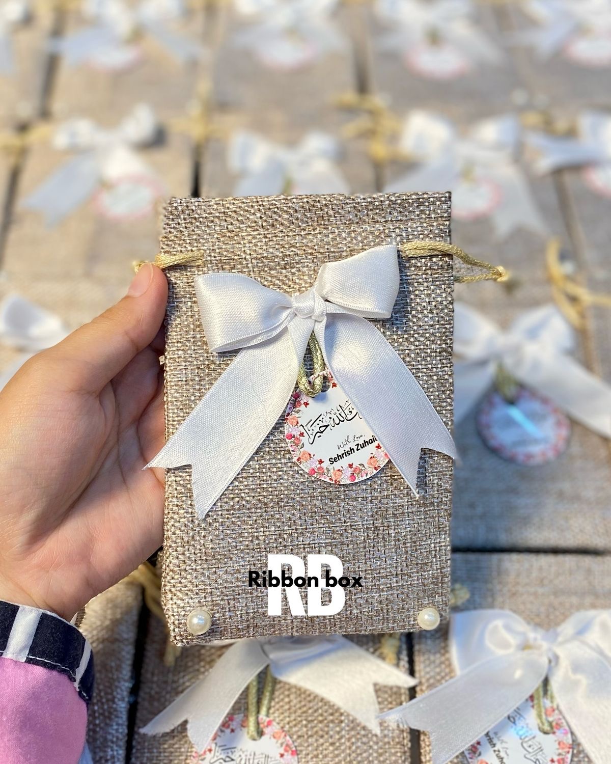 Handmade Jute Potli Bag With Custom Tag & Bow | Wedding Bidh Potli Bags view 3