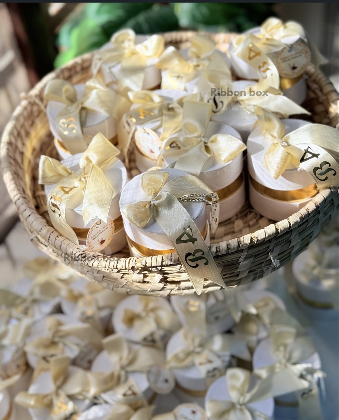Round Bidh Boxes with Custom Ribbon Bow  & Tag | Wedding Bidh Boxes view 3