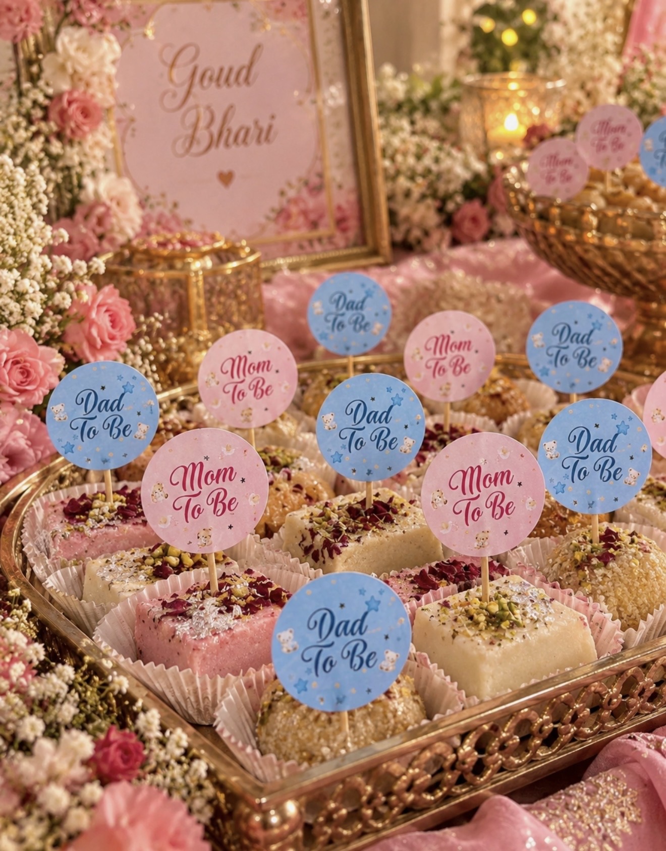Mom To Be & Dad To Be Sweet Mithai Toppers for Baby Announcements, Baby Shower & Goud Bhari Event | Pack of 12 Pcs view 3